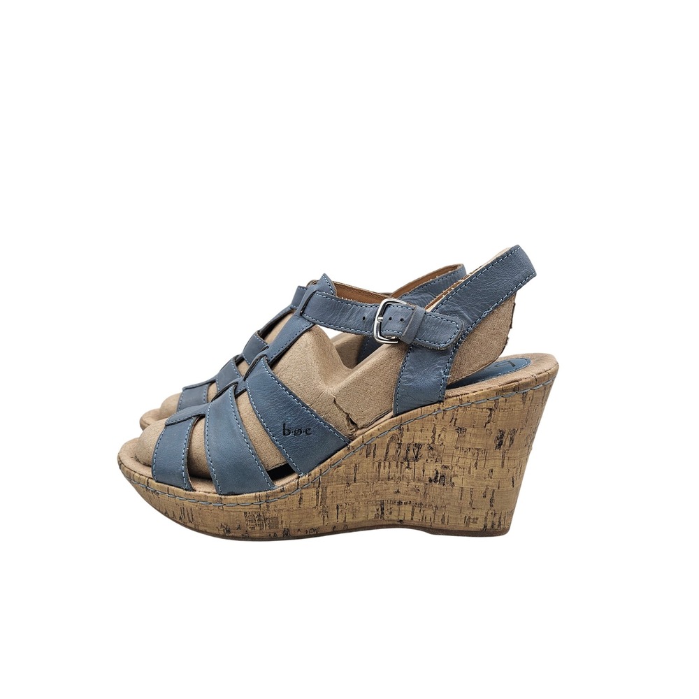 B.O.C. Women Blue Leather Strappy Cork Wedge Platform Sandals Buckle Strap